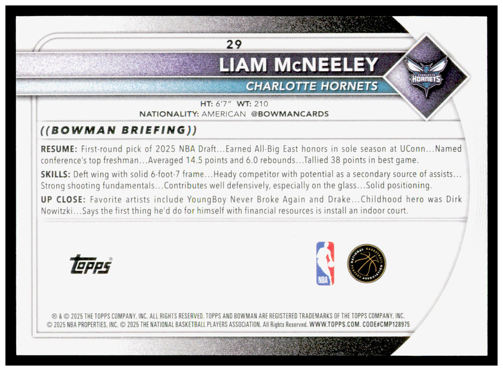 2025-26 Bowman #29 Liam McNeeley Card RC