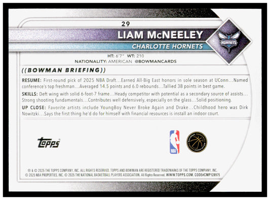 2025-26 Bowman #29 Liam McNeeley Card RC