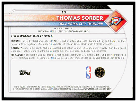 2025-26 Bowman #15 Thomas Sorber Rookie Card