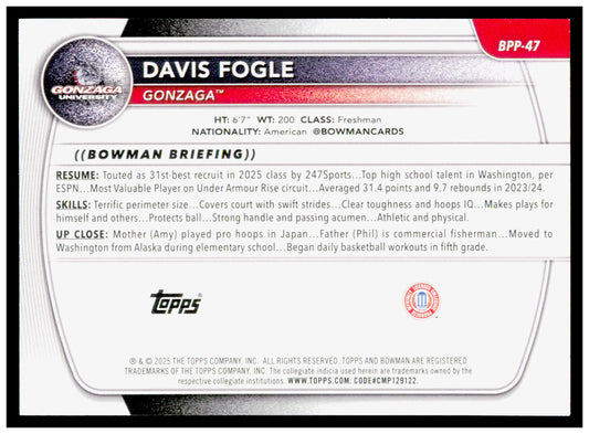 2025-26 Bowman #BPP-47 Davis Fogle Prospects