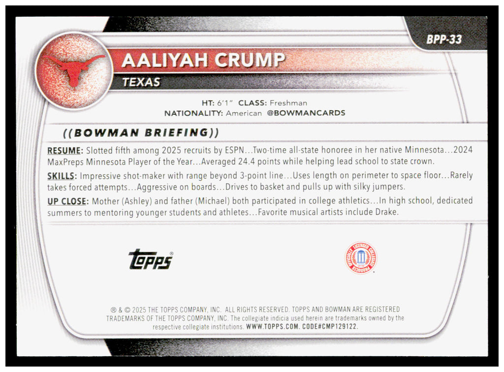 2025-26 Bowman #BPP-33 Aaliyah Crump Prospects