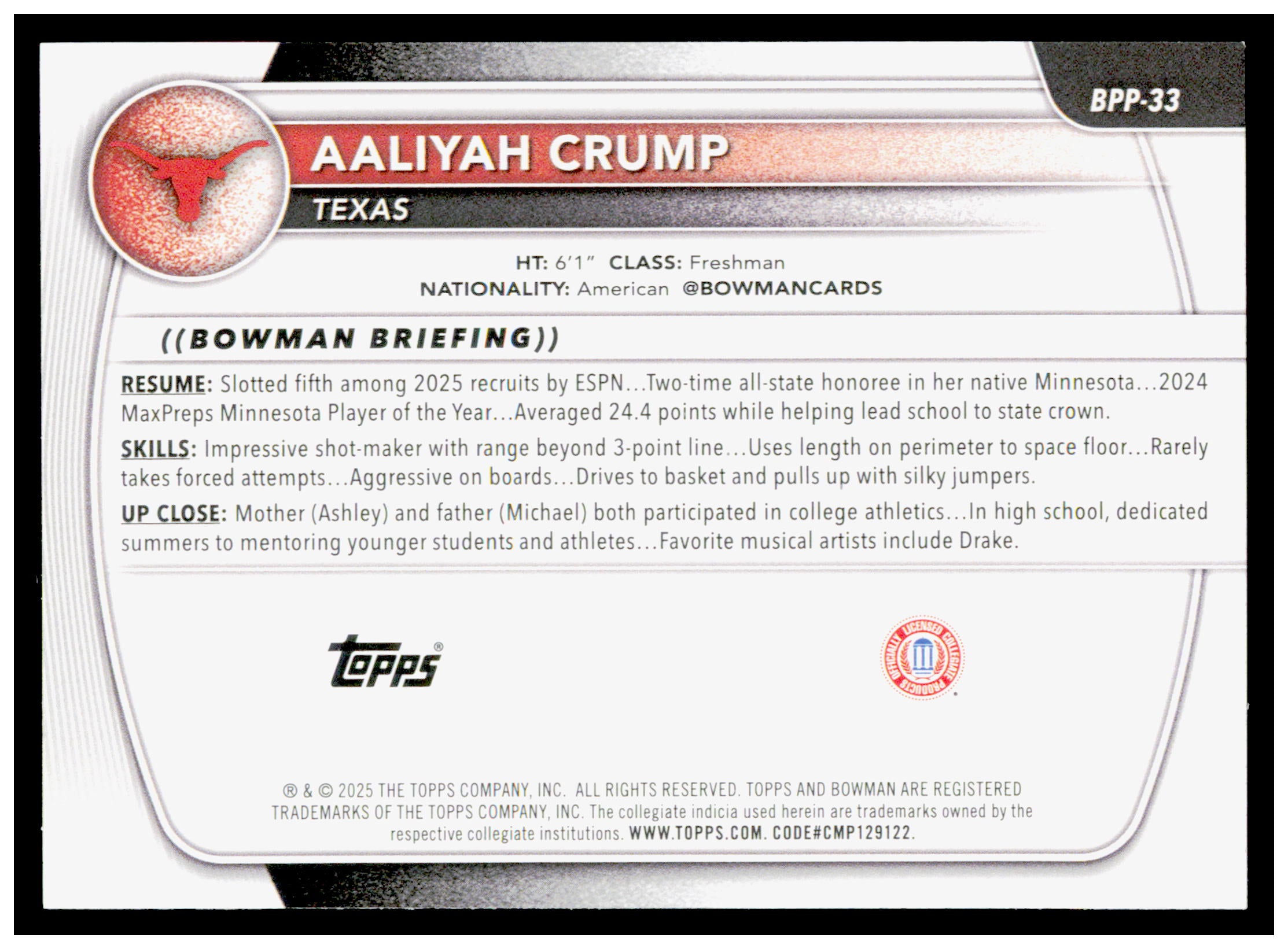 2025-26 Bowman #BPP-33 Aaliyah Crump Prospects