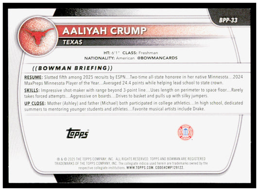 2025-26 Bowman #BPP-33 Aaliyah Crump Prospects