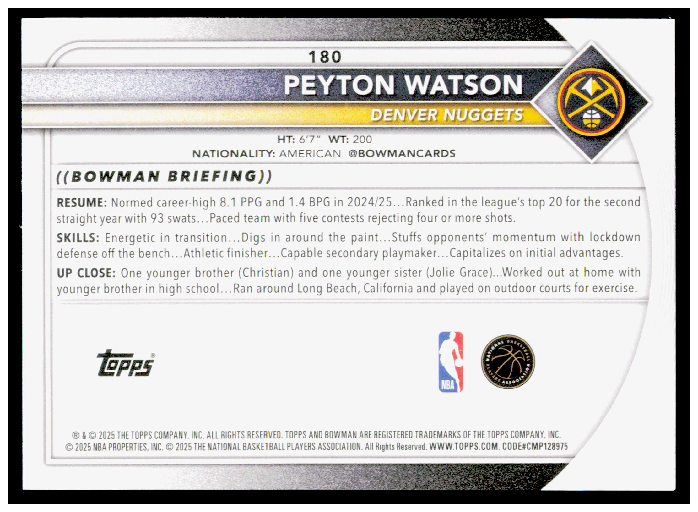 2025-26 Bowman #180 Peyton Watson Card