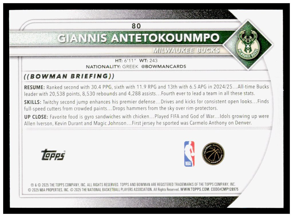 2025-26 Bowman #80 Giannis Antetokounmpo Card