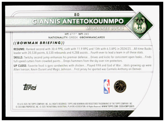 2025-26 Bowman #80 Giannis Antetokounmpo Card