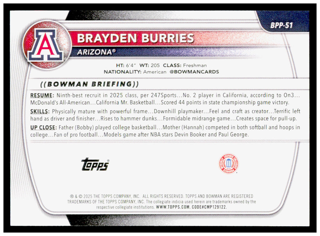 2025-26 Bowman #BPP-51 Brayden Burries Prospects