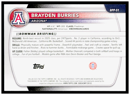 2025-26 Bowman #BPP-51 Brayden Burries Prospects