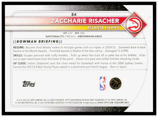 2025-26 Bowman #84 Zaccharie Risacher Card