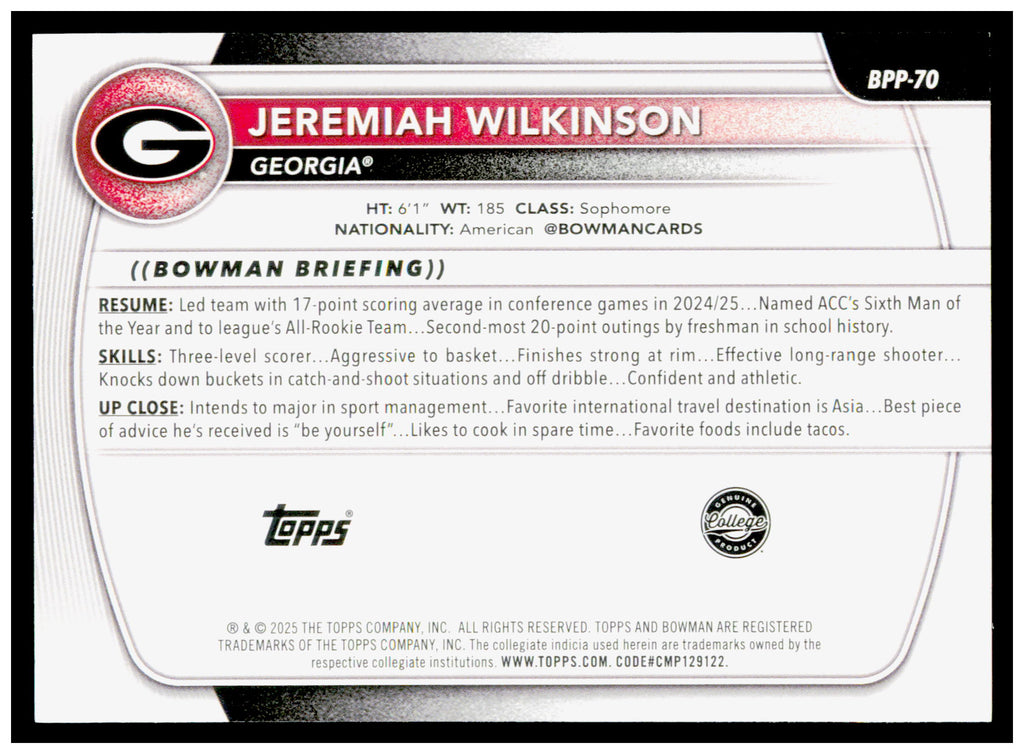 2025-26 Bowman #BPP-70 Jeremiah Wilkinson Prospects