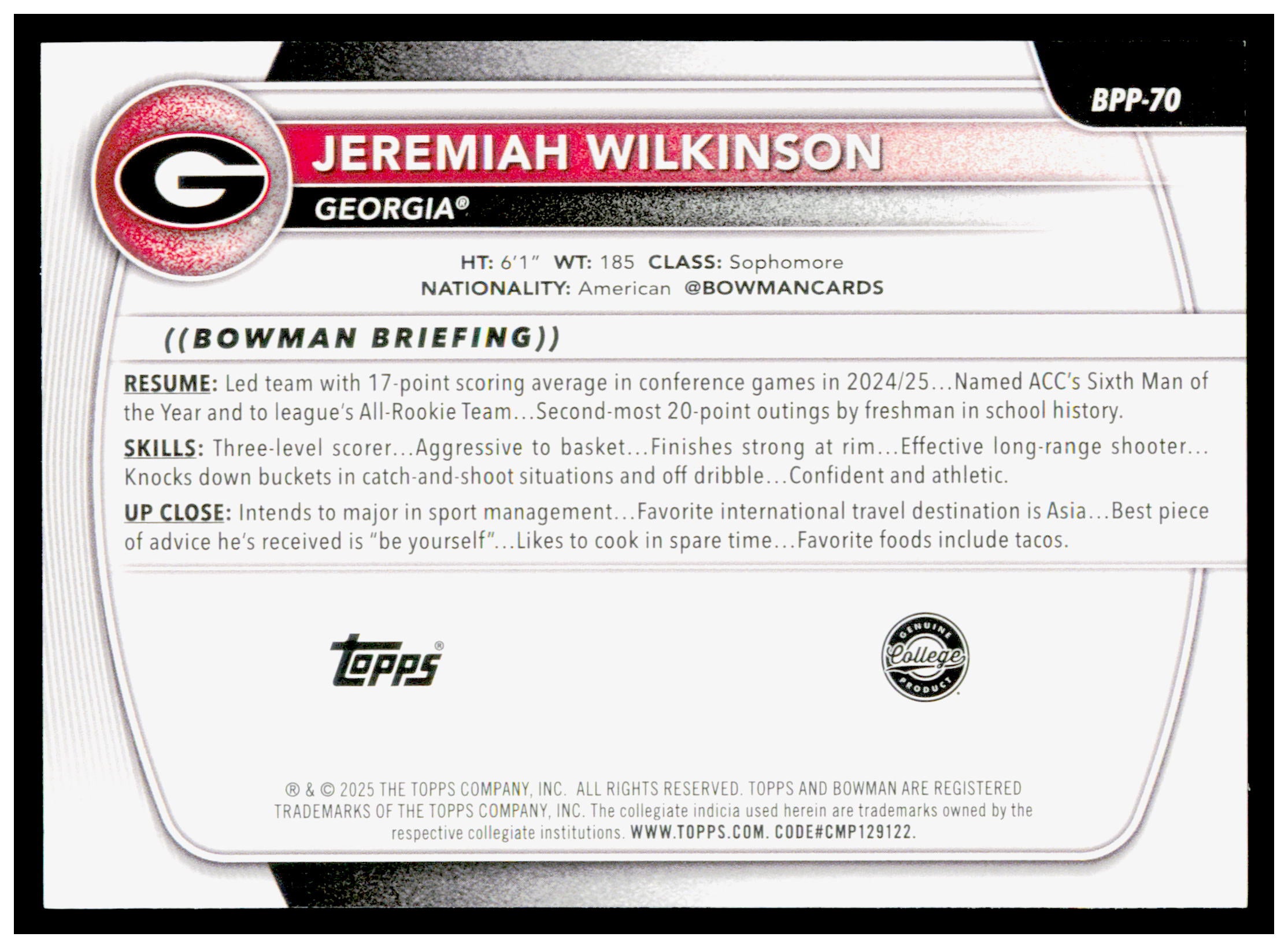 2025-26 Bowman #BPP-70 Jeremiah Wilkinson Prospects