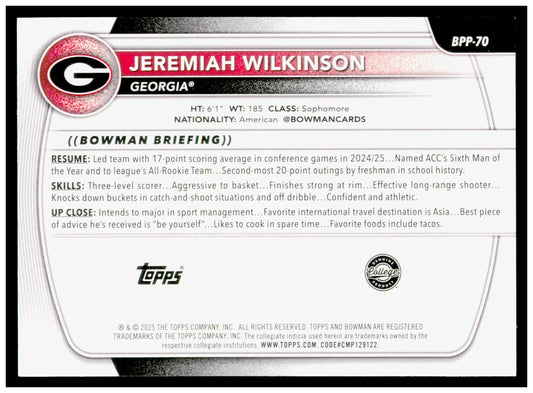 2025-26 Bowman #BPP-70 Jeremiah Wilkinson Prospects
