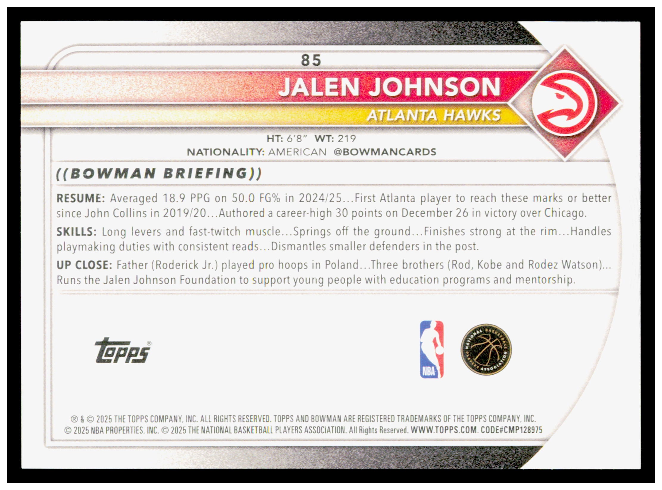 2025-26 Bowman #85 Jalen Johnson Card