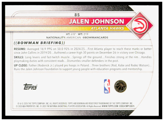2025-26 Bowman #85 Jalen Johnson Card