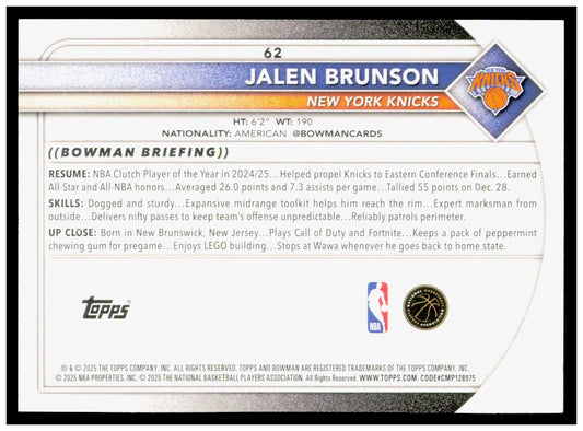 2025-26 Bowman #62 Jalen Brunson Card