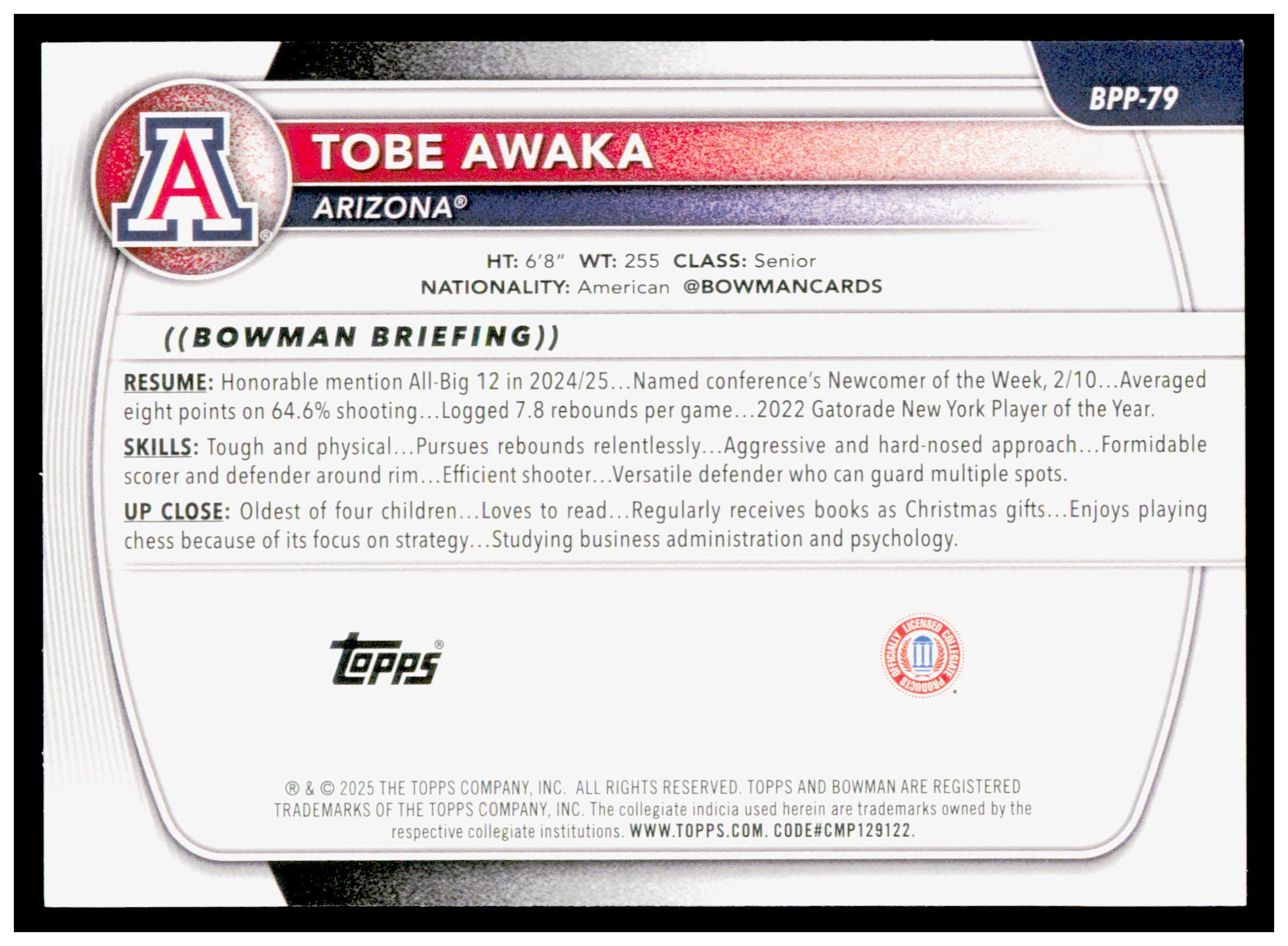 2025-26 Bowman #BPP-79 Tobe Awaka Prospects Card