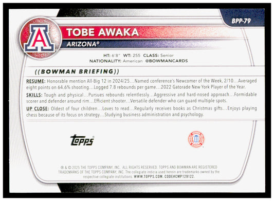 2025-26 Bowman #BPP-79 Tobe Awaka Prospects Card