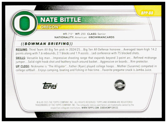 2025-26 Bowman #BPP-88 Nate Bittle Prospects Card