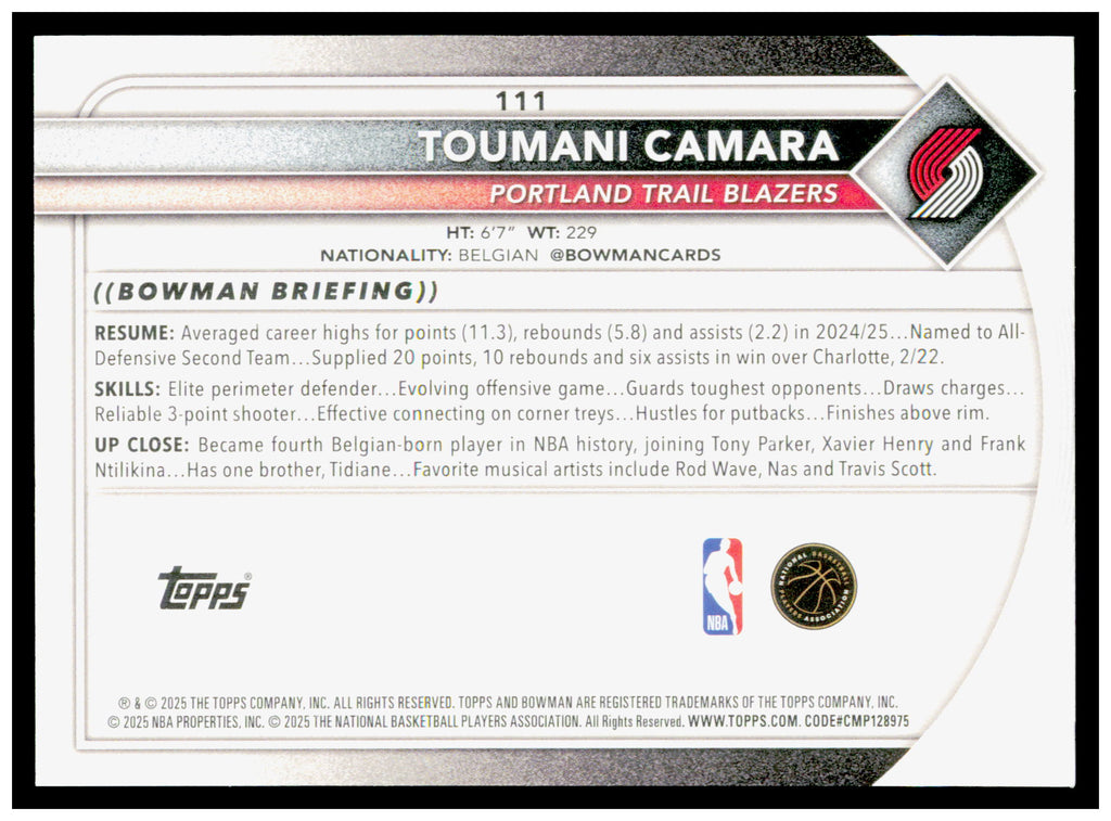 2025-26 Bowman #111 Toumani Camara Card