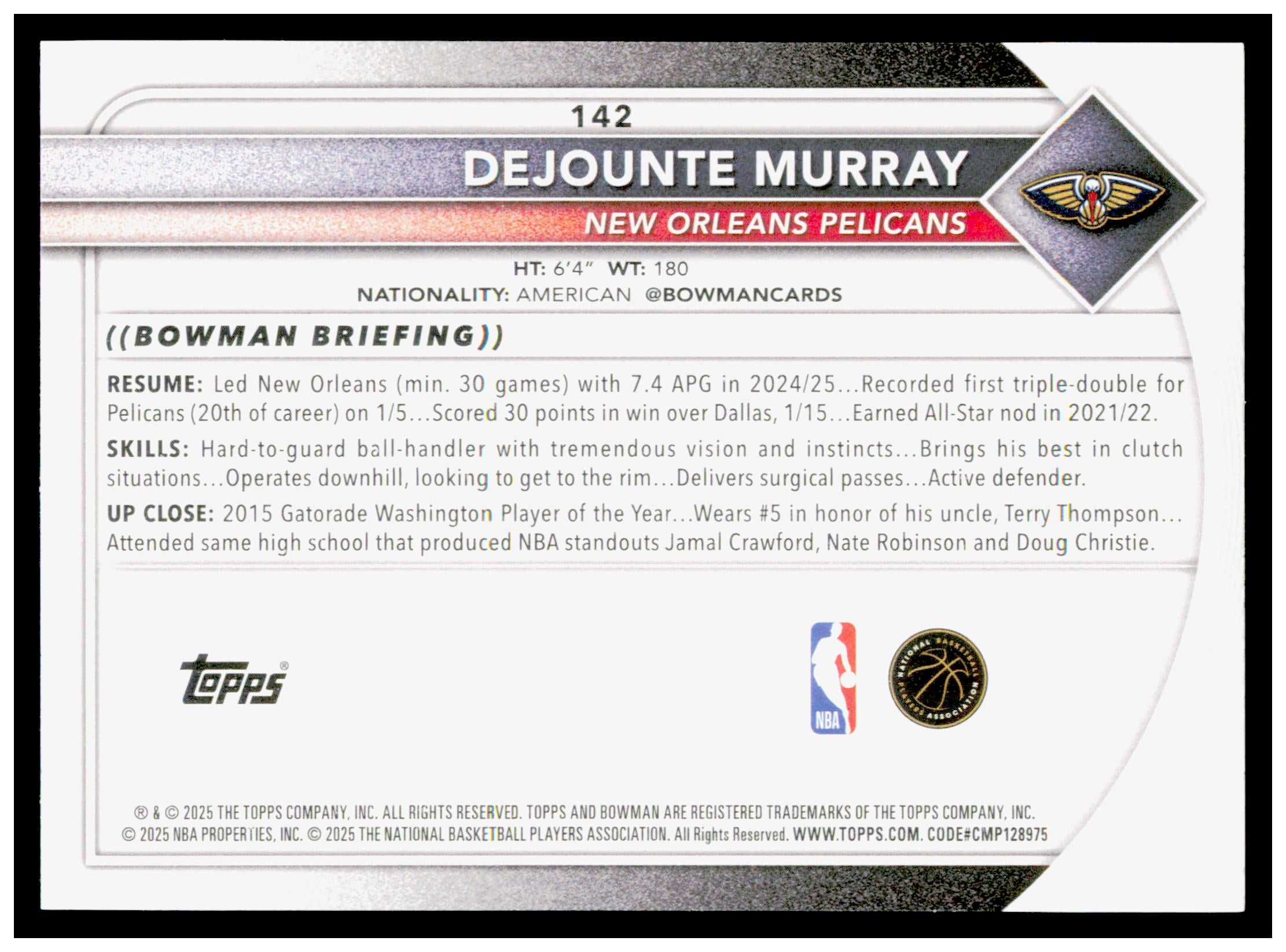 2025-26 Bowman #142 Dejounte Murray Card
