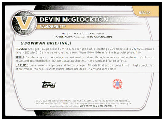 2025-26 Bowman #BPP-56 Devin McGlockton Prospects Card