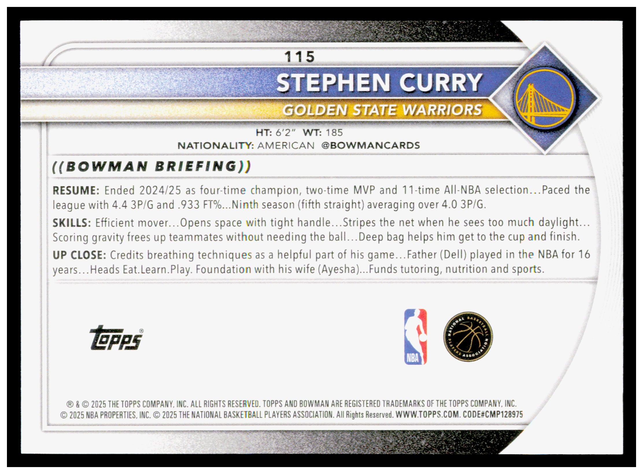 2025-26 Bowman #115 Stephen Curry Card