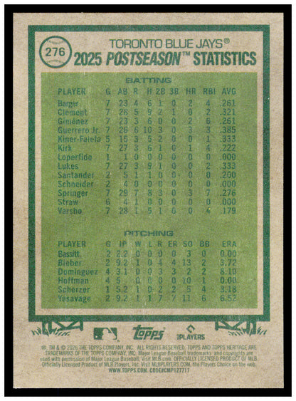 2026 Topps Heritage AL Champions Card Toronto Blue Jays #276