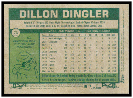 2026 Topps Heritage Dillon Dingler Card Detroit Tigers #73