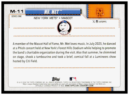 2026 Topps Mr. Met Card Mascots New York Mets #M-11