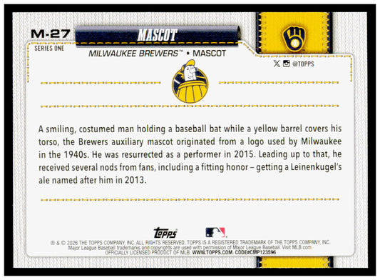 2026 Topps Barrelman Card Mascots Milwaukee Brewers #M-27