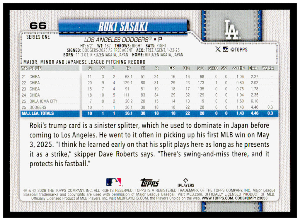 2026 Topps Roki Sasaki Card Los Angeles Dodgers #66