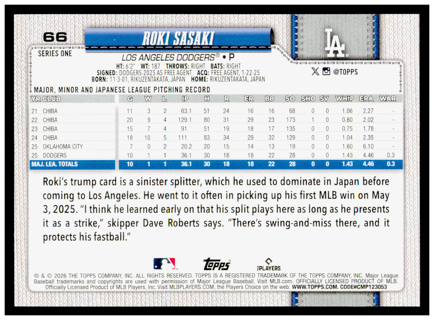 2026 Topps Roki Sasaki Card Los Angeles Dodgers #66