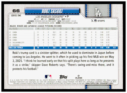 2026 Topps Roki Sasaki Card Los Angeles Dodgers #66