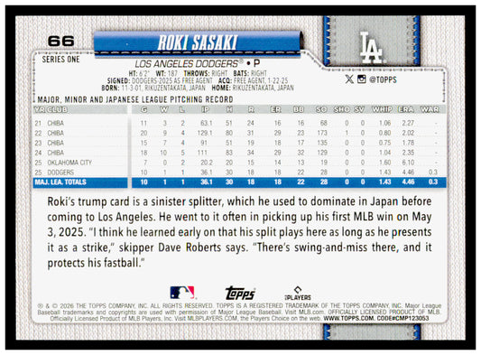 2026 Topps Roki Sasaki Card Los Angeles Dodgers #66
