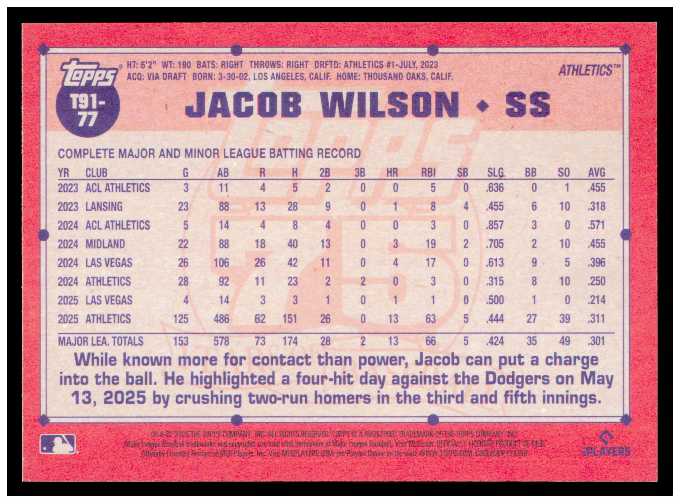 2026 Topps Jacob Wilson Card 1991 Topps Baseball 35th Anniversary Athletics