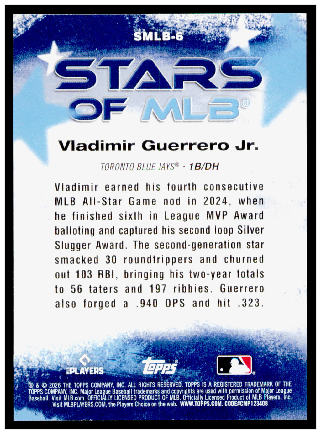 2026 Topps Vladimir Guerrero Jr. Card Stars of MLB Toronto Blue Jays #SMLB-6