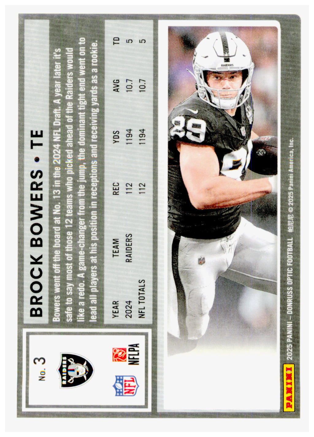 2025 Donruss Optic Brock Bowers Card Las Vegas Raiders #3