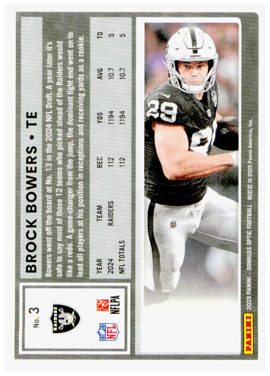 2025 Donruss Optic Brock Bowers Card Las Vegas Raiders #3