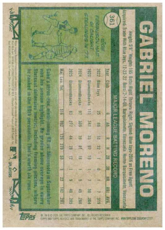2026 Topps Heritage Gabriel Moreno Card Arizona Diamondbacks #361