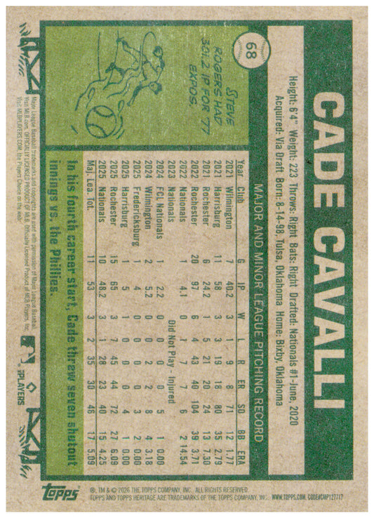 2026 Topps Heritage Cade Cavalli Card Washington Nationals #68