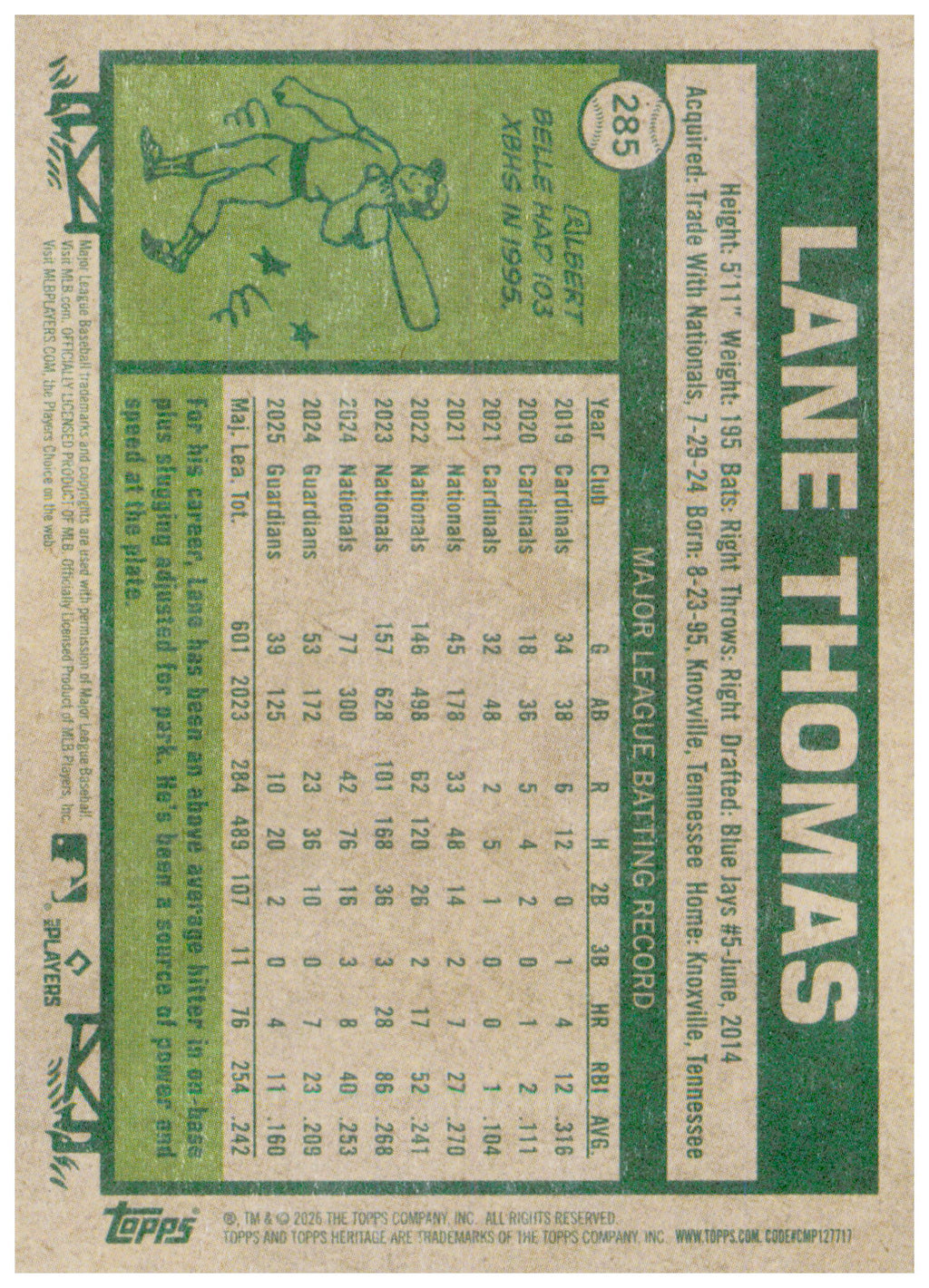 2026 Topps Heritage Lane Thomas Card Cleveland Guardians #285