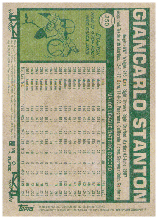 2026 Topps Heritage Giancarlo Stanton Card New York Yankees #250