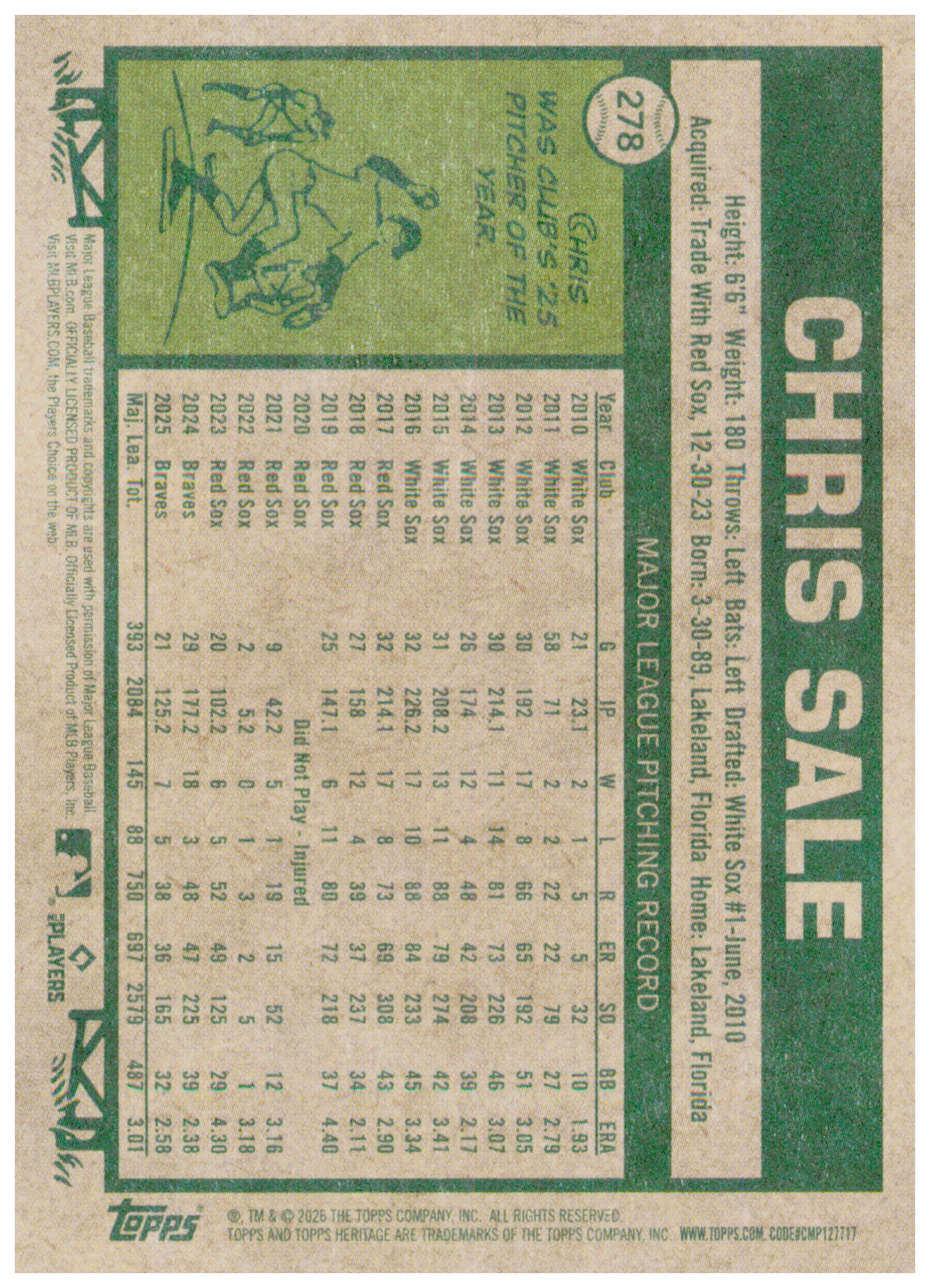 2026 Topps Heritage Chris Sale Card Atlanta Braves #278