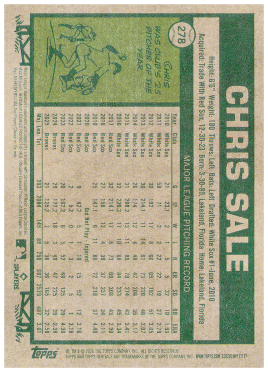 2026 Topps Heritage Chris Sale Card Atlanta Braves #278