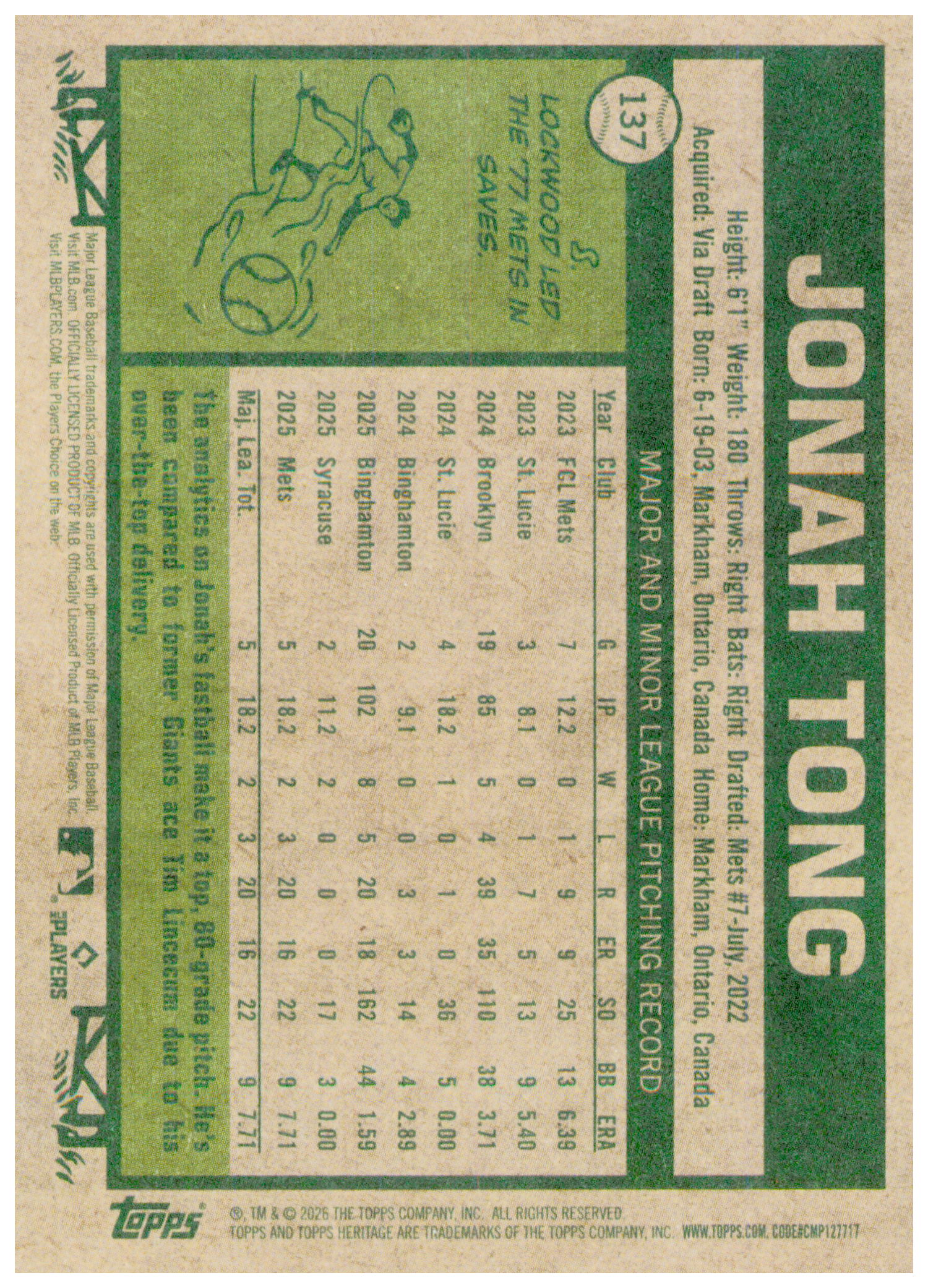 2026 Topps Heritage Jonah Tong Card RC New York Mets #137