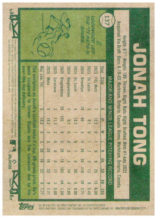 2026 Topps Heritage Jonah Tong Card RC New York Mets #137