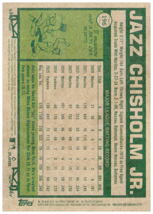 2026 Topps Heritage Jazz Chisholm Jr. Card New York Yankees #196