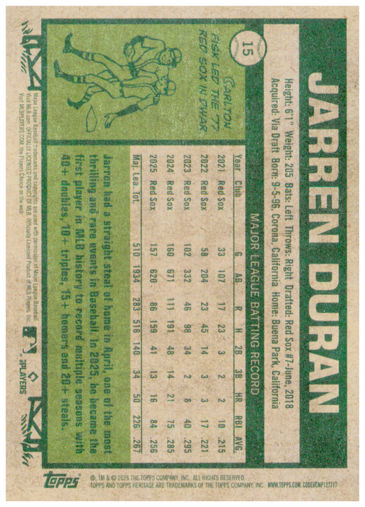 2026 Topps Heritage Jarren Duran Card Boston Red Sox #15