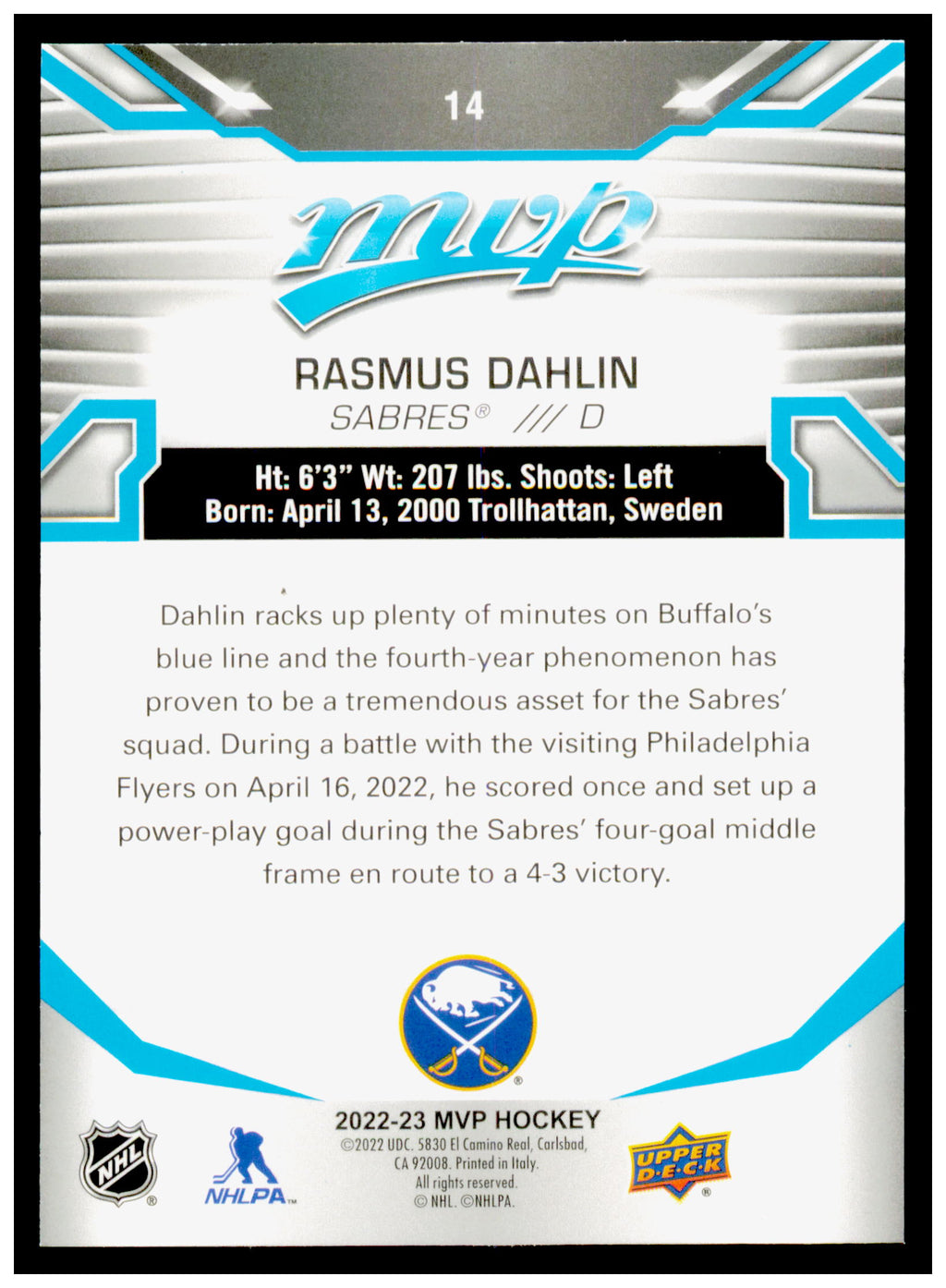 2022-23 Upper Deck MVP Rasmus Dahlin Card Buffalo Sabres #14