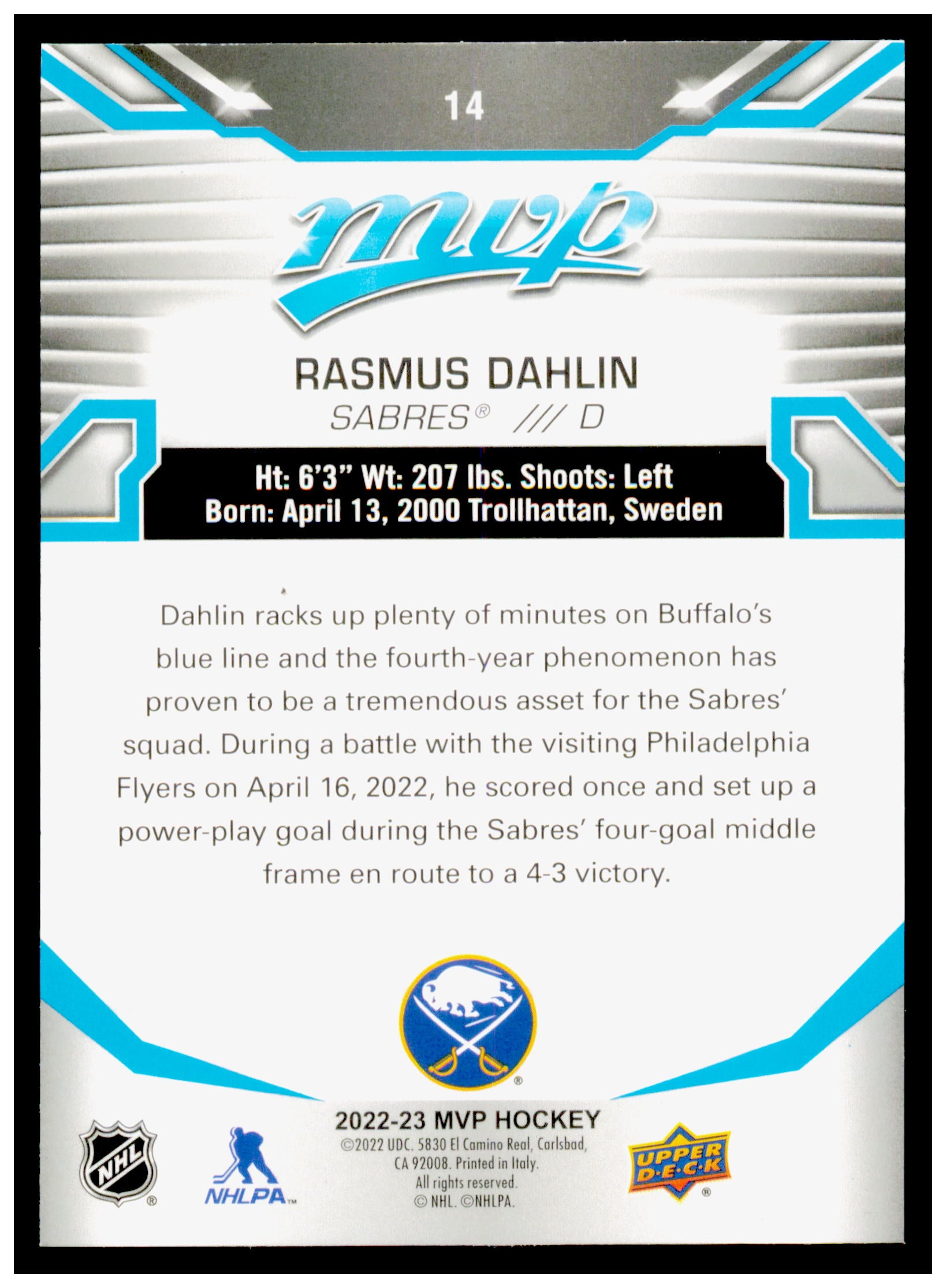 2022-23 Upper Deck MVP Rasmus Dahlin Card Buffalo Sabres #14